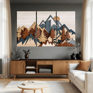 Woodland Mountain Landscape Triptych, Giclee Canvas Art for