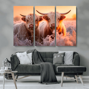 Highland Cows at Sunrise Wall Art Canvas Set – Serene and