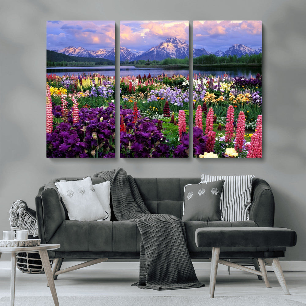 Vibrant Wildflower Garden and Mountain View Giclee Canvas