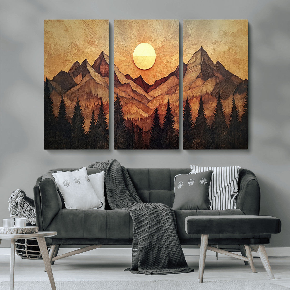 Wood Style Abstract Mountain Sunset Canvas Wall Art Print -