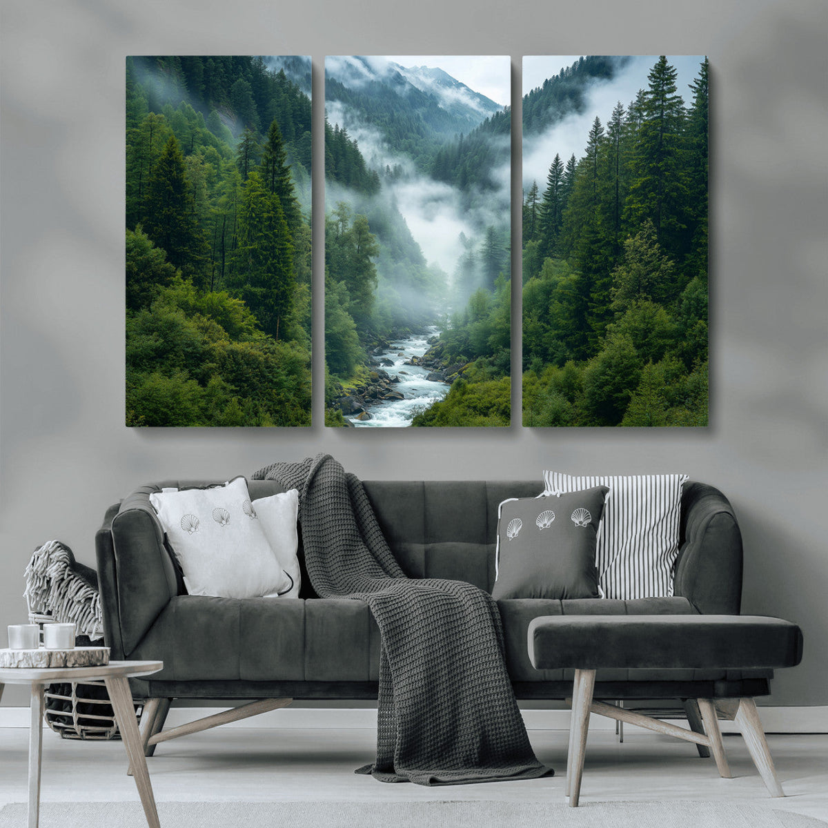Mountain Forest River Canvas Wall Art Print - Serene Nature