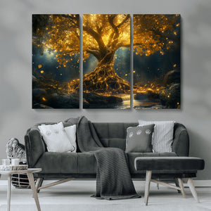 Golden Tree of Life Canvas Wall Art Print - Majestic Glowing