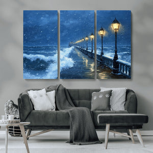 Stormy Ocean Pier Lights Canvas Wall Art Print - Large Moody