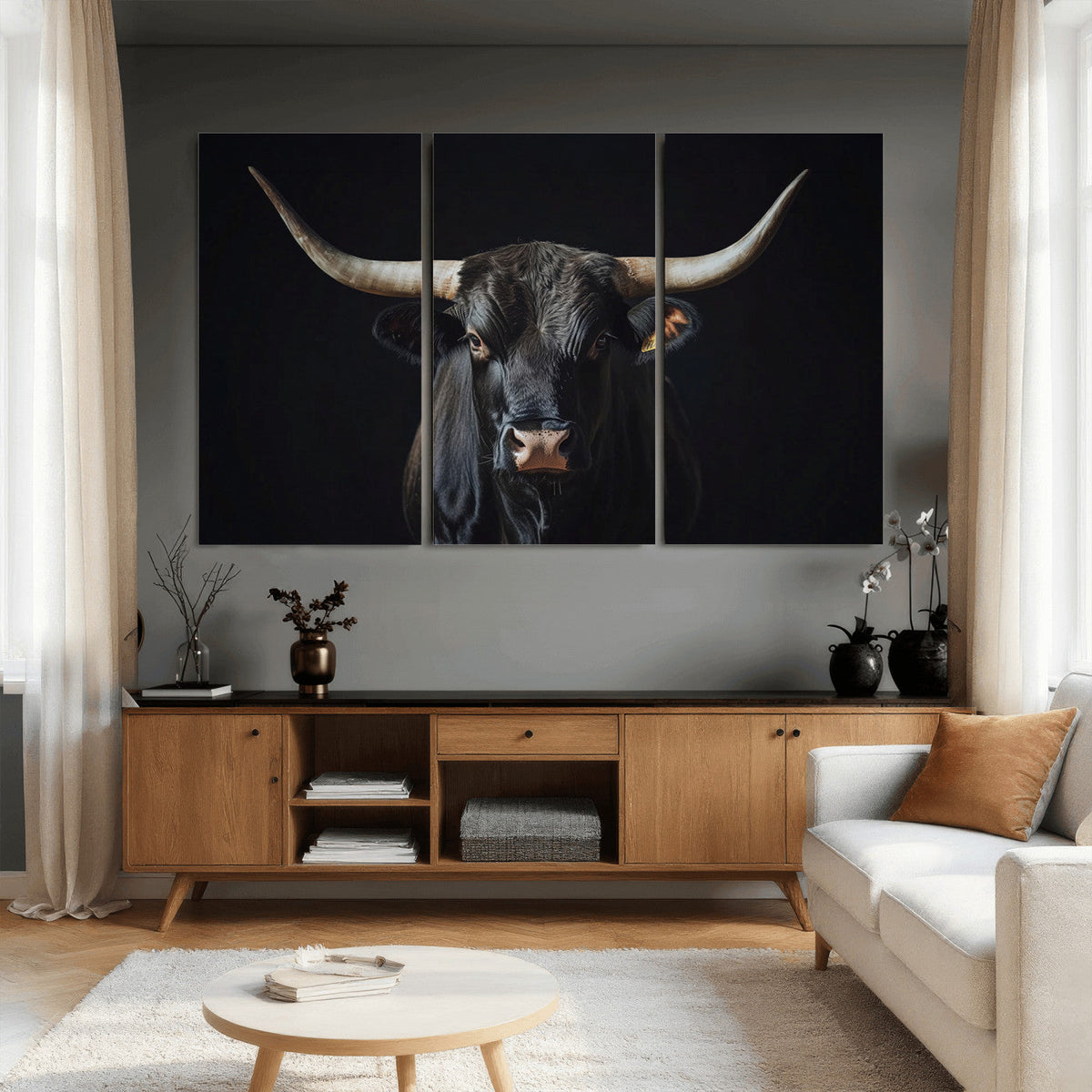 Majestic Longhorn Bull Wall Art Canvas Print – Dark