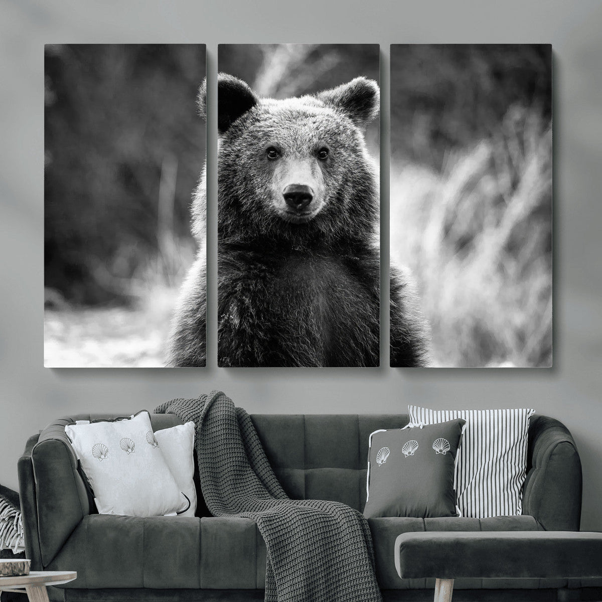 Grizzly Bear Wall Art Canvas Print – Framed Black White