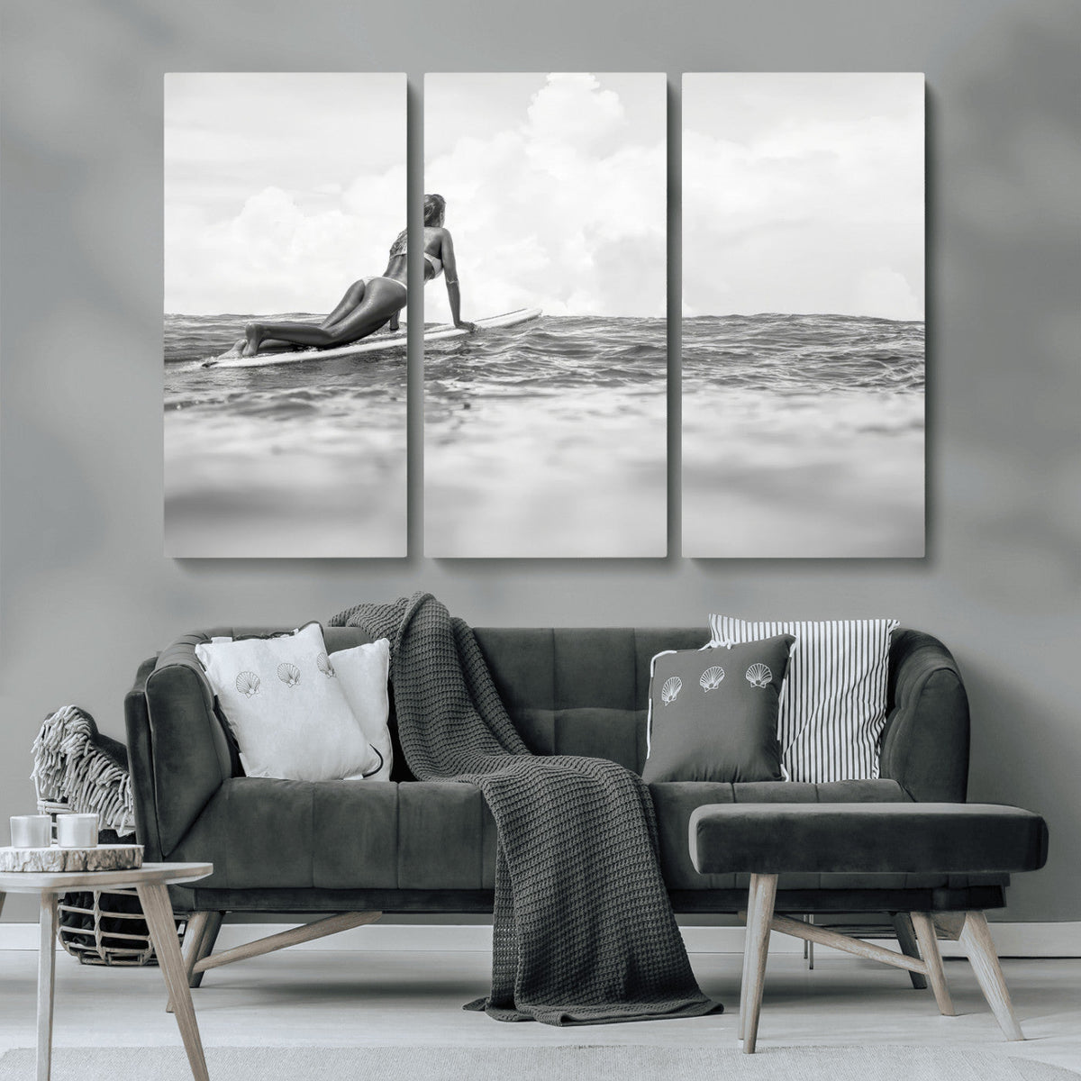 Black and White Surfing Wall Art Canvas Print – Framed Ocean