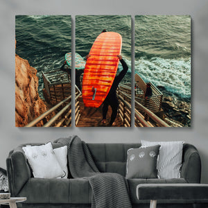 Surfer Stairway Wall Art – Framed Ocean Surf Canvas Artwork,