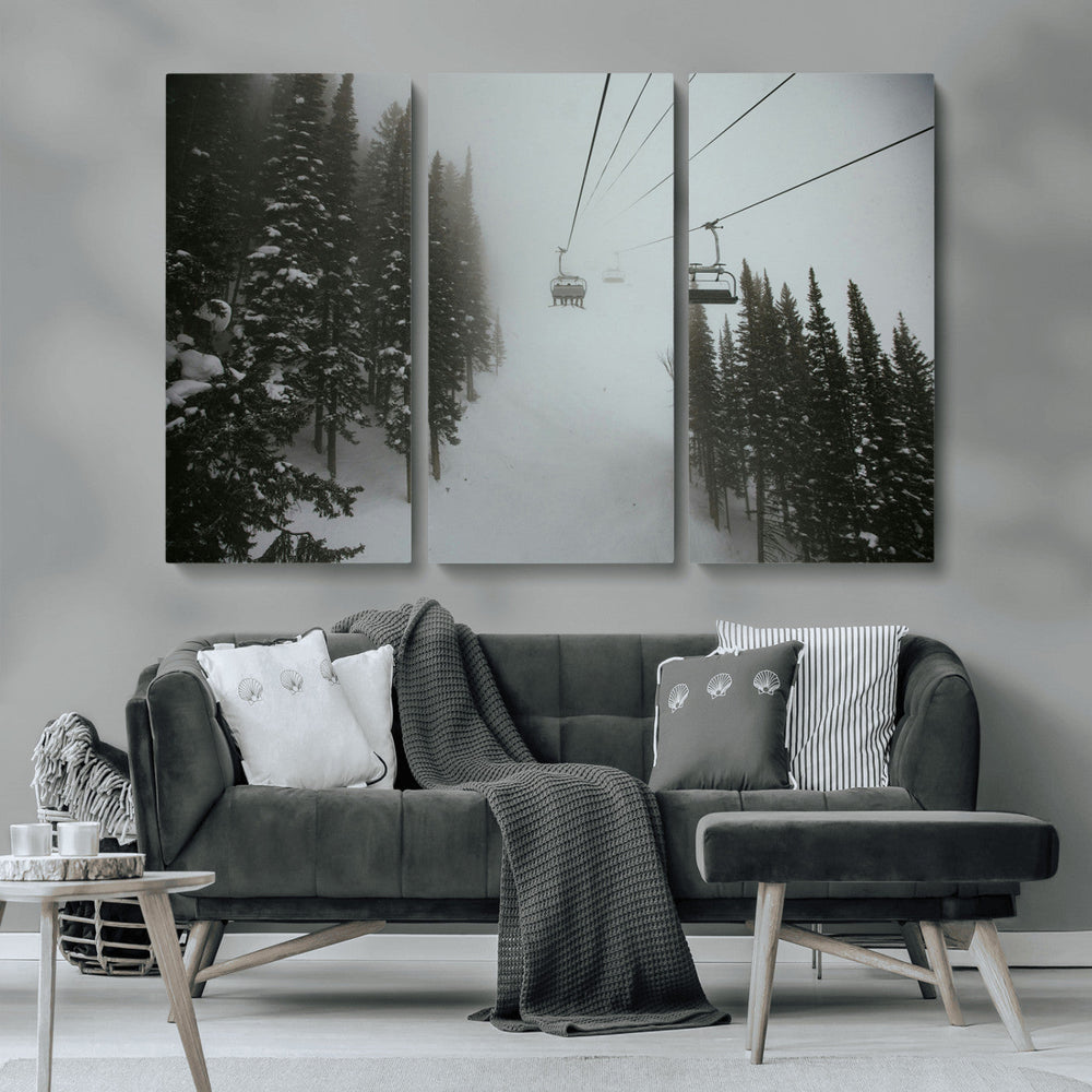 Ski Lift Wall Art Canvas Print – Snowy Pines Misty Landscape