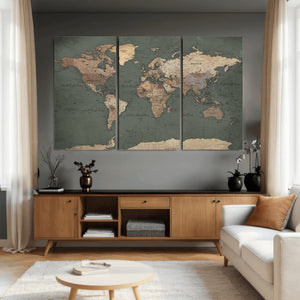 Rustic Black and Wood World Map Canvas Wall Art – Framed