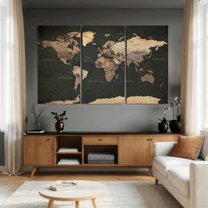 Vintage World Map Canvas Wall Art – Framed Travel Map for