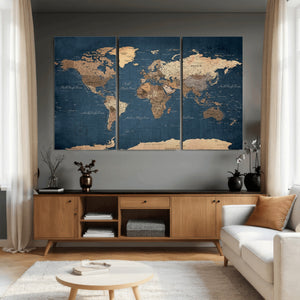 Navy Blue World Map Canvas Print – Framed Travel Map Wall
