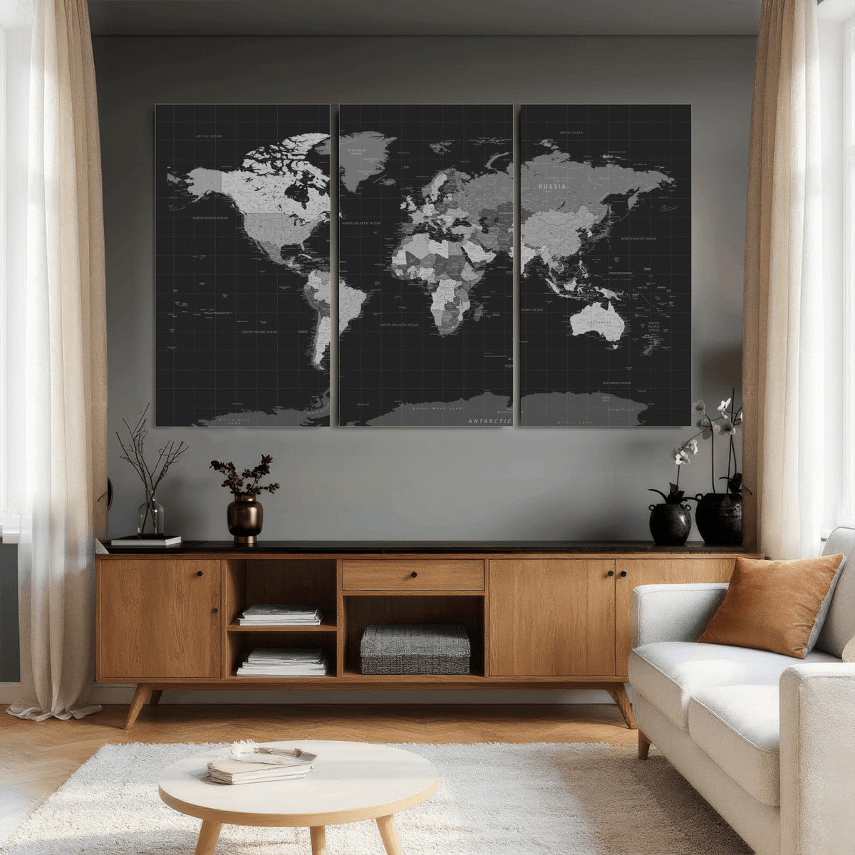 Black World Map Wall Art Canvas Print – Detailed Map of the