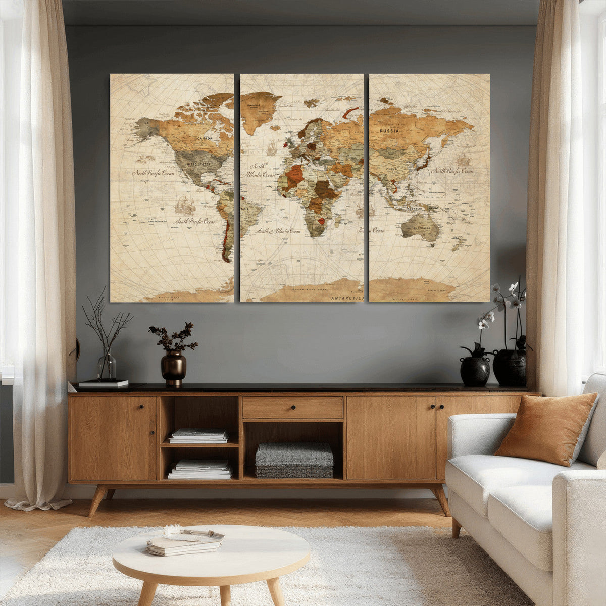 Rustic Vintage World Map Canvas Print – Framed Modern