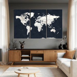 Black World Map Wall Art Canvas Print for Home Office and