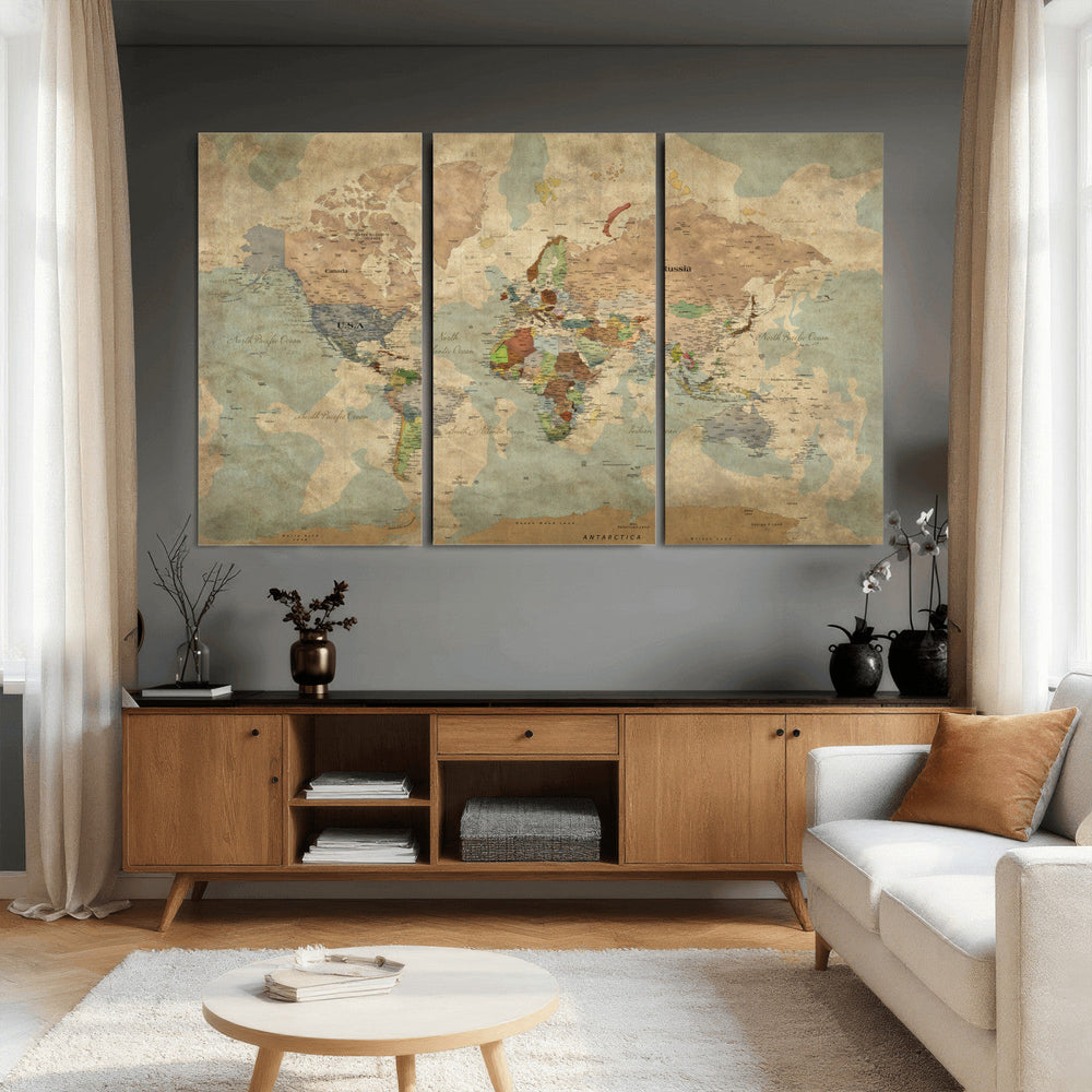 World Map Wall Art Canvas Print, Rustic Map Print, Framed