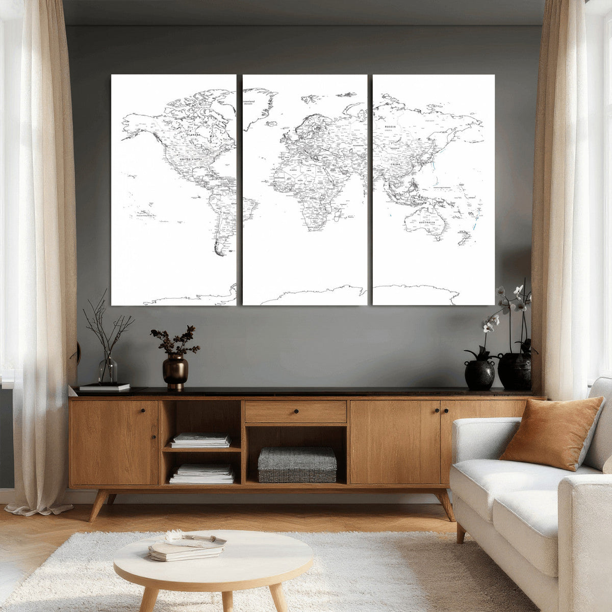 World Map Canvas Print – Framed Modern Detailed Map of the
