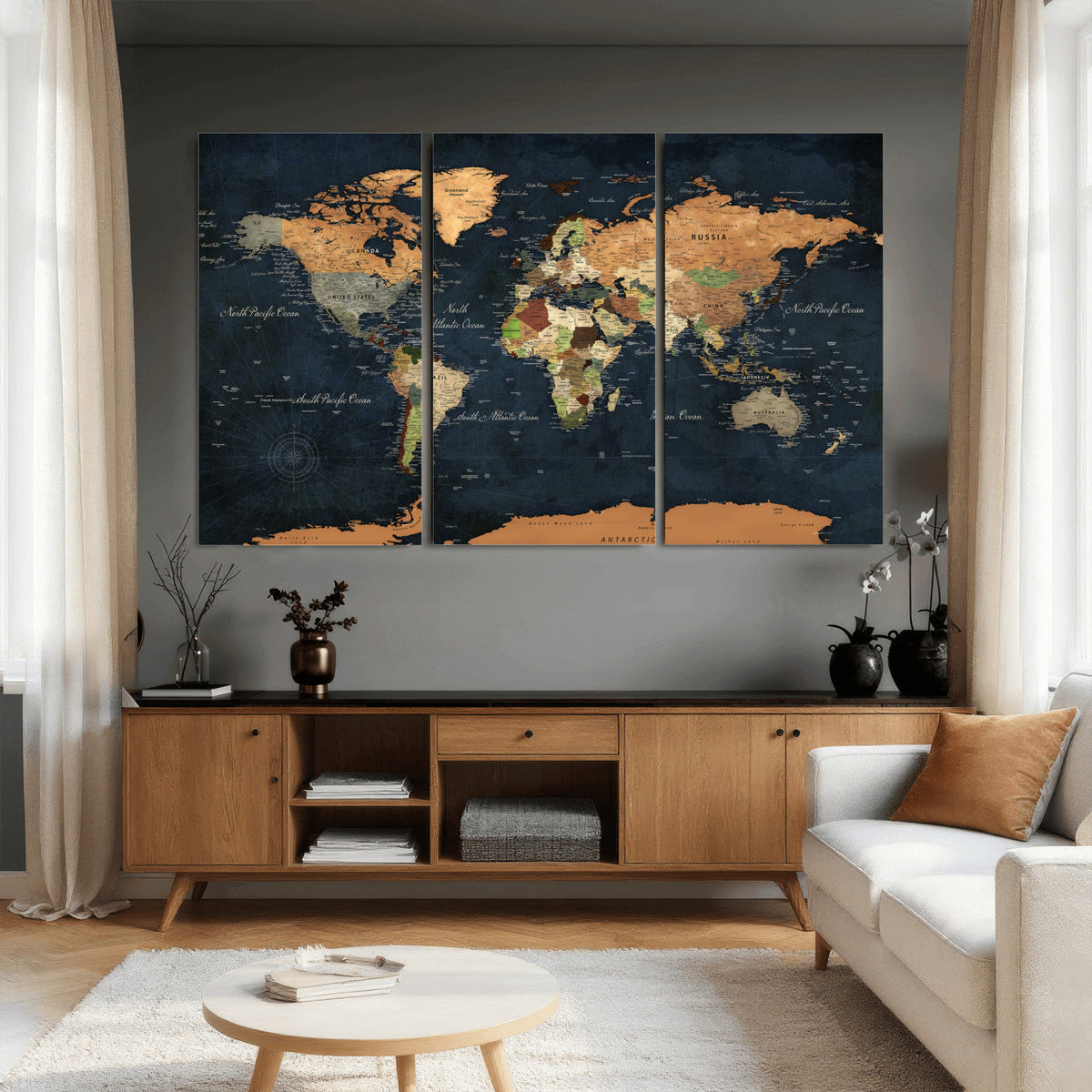 Vintage World Map Canvas Wall Art – Detailed Map with