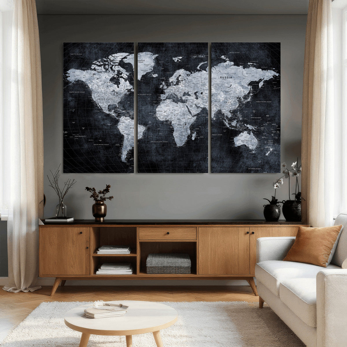 Black World Map Canvas Print – Detailed Map for Couples and
