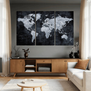 Black World Map Canvas Print – Detailed Map for Couples and