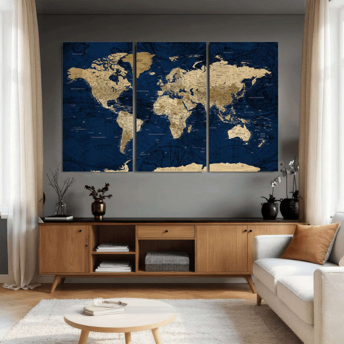 Navy Blue World Map Canvas Print – Detailed Map Minimal Navy
