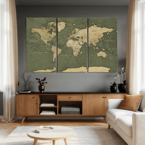 Large World Map Canvas Wall Art Print for Study Room Decor -