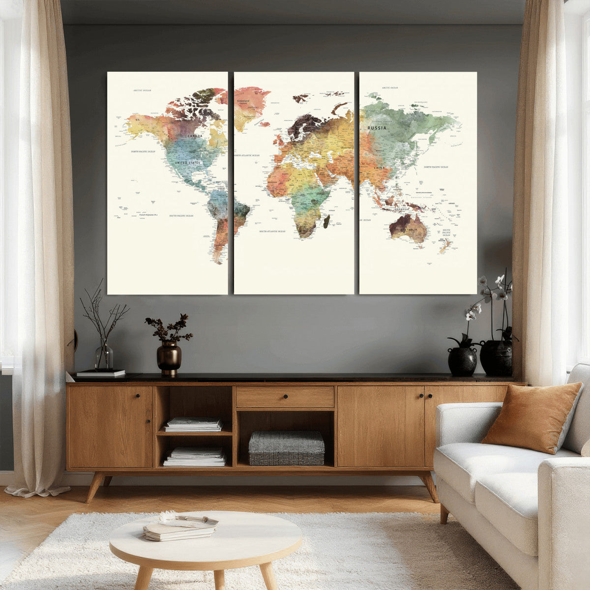Framed World Map Wall Art Canvas Print for Living Room and
