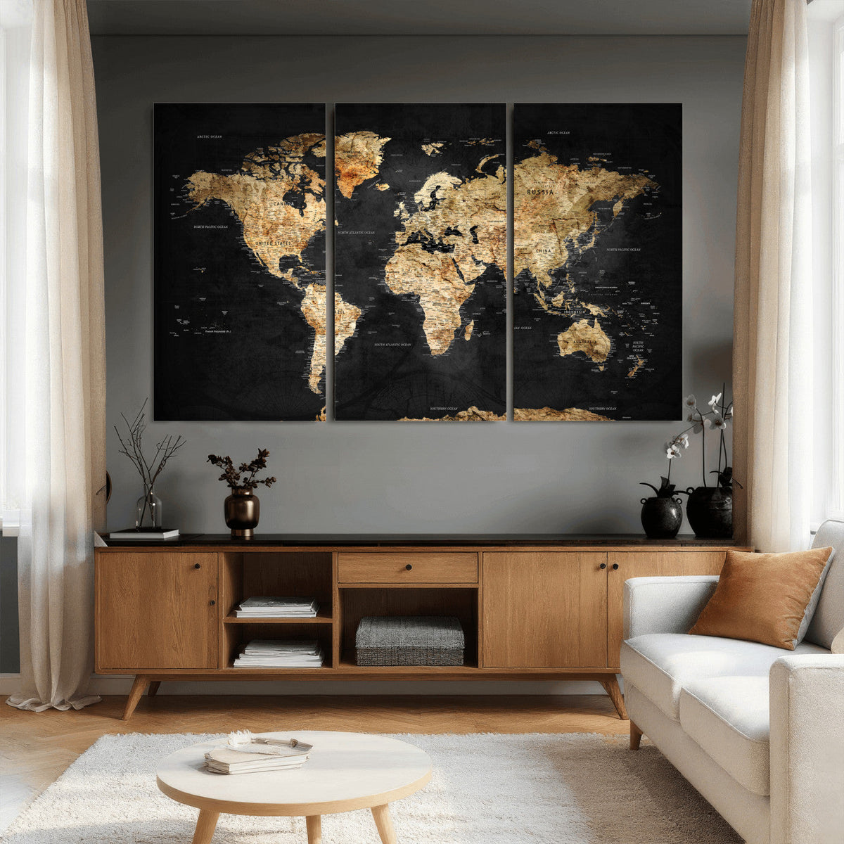World Map Canvas Wall Art with Famous Landmarks – Framed