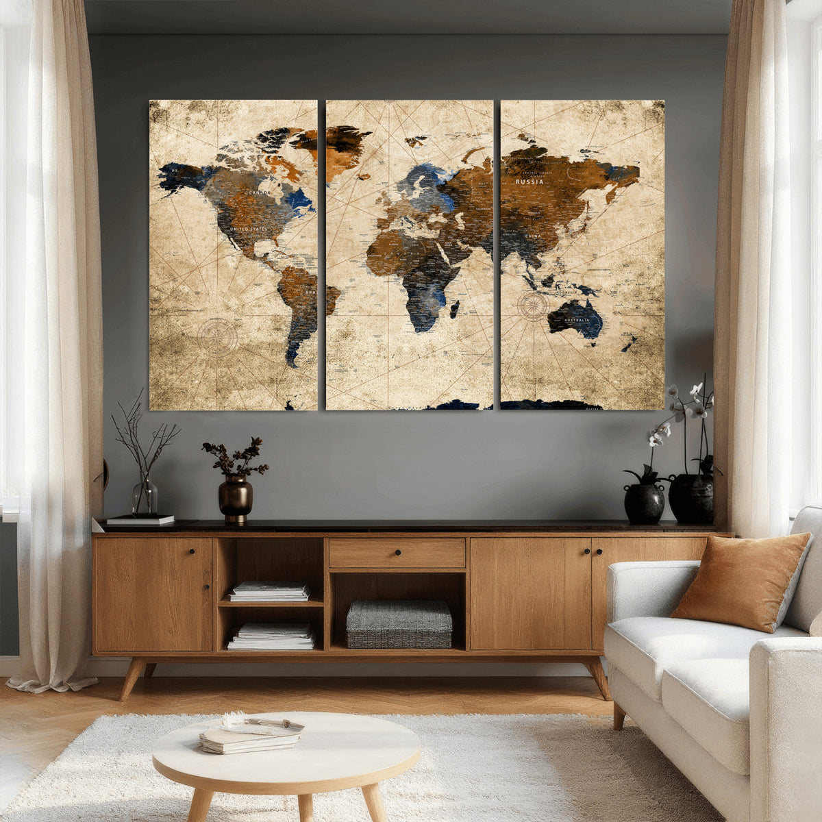 World Map Wall Art – Rustic Earth Tone Canvas Print, Antique