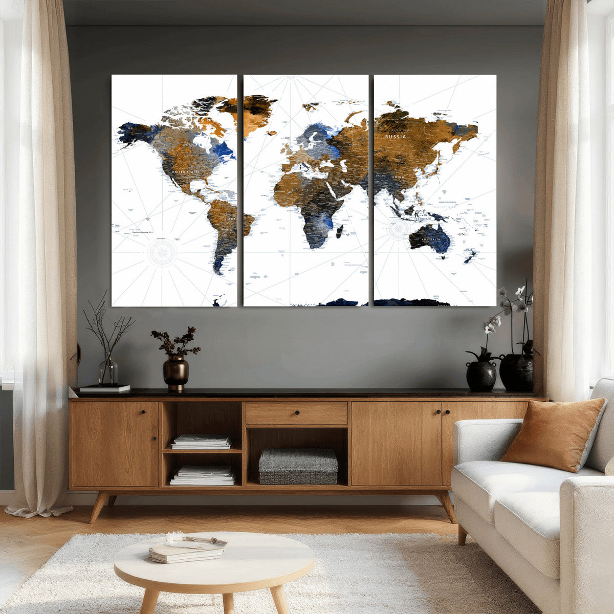 World Map Wall Art Canvas Print, Modern Decorative Framed