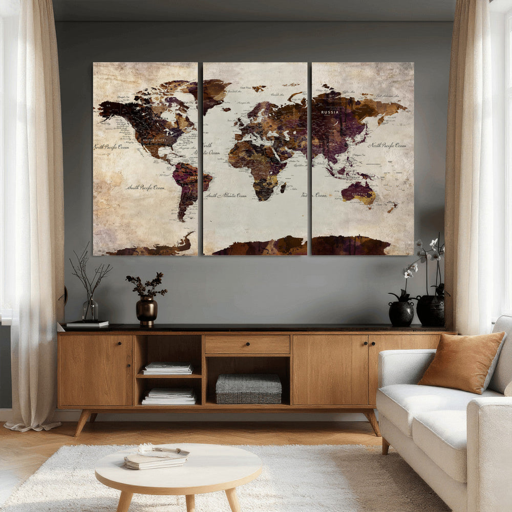 World Map Canvas Triptych – Colorful Global Wall Art for