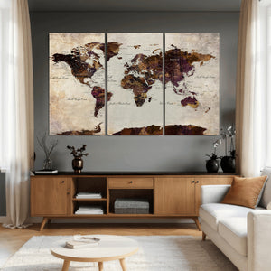 World Map Canvas Triptych – Colorful Global Wall Art for