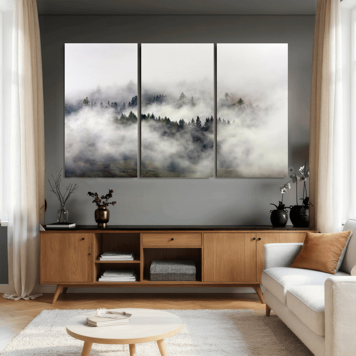 Foggy Forest Wall Art Canvas Print, Misty Pine Tree