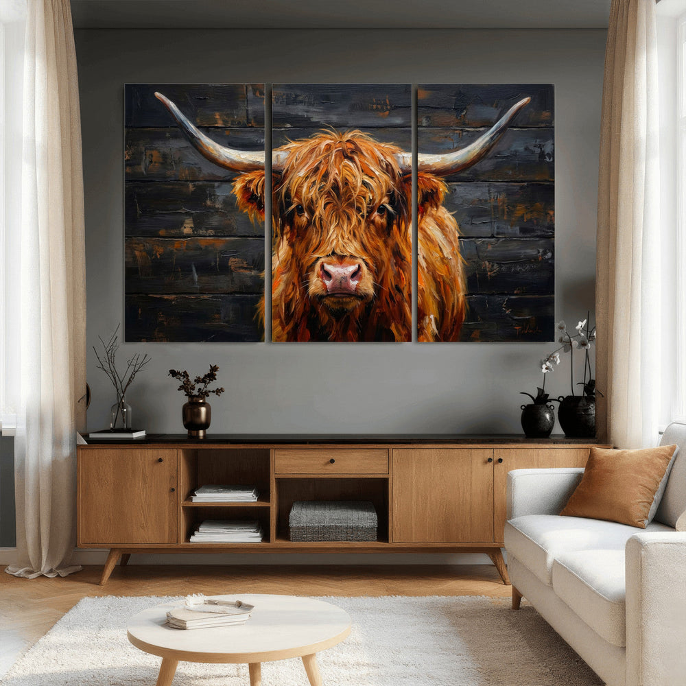 Highland Cow Wall Art Canvas Print, Rustic Farm Animal