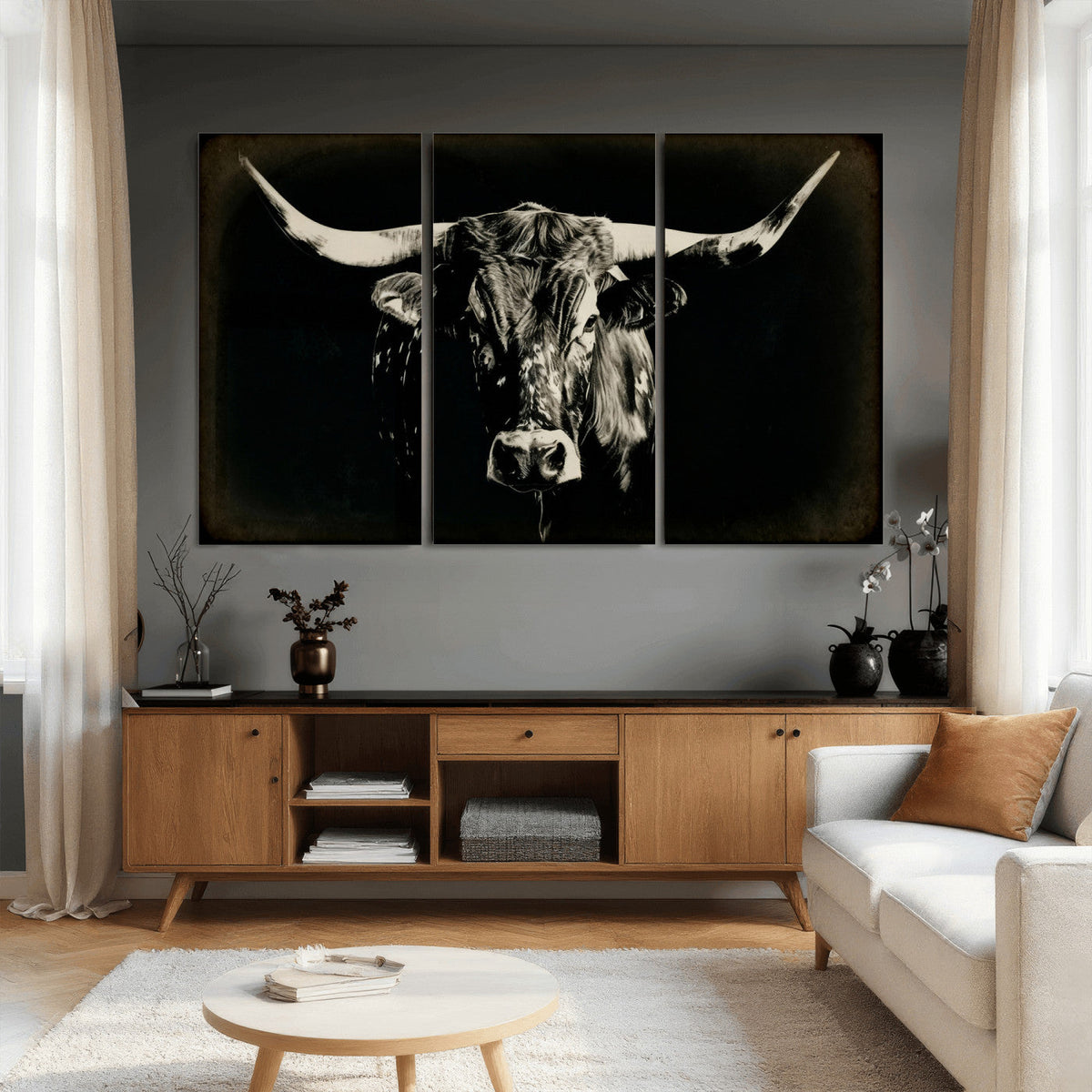 Black Bull Wall Art Canvas Print, Texas Longhorn Portrait