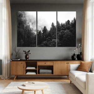 Black White Forest Wall Art Canvas Print, Misty Pine Tree