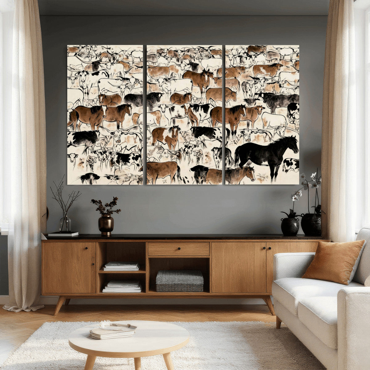 Farmhouse Animals Horse Longhorn Cow Wall Art Canvas Print -