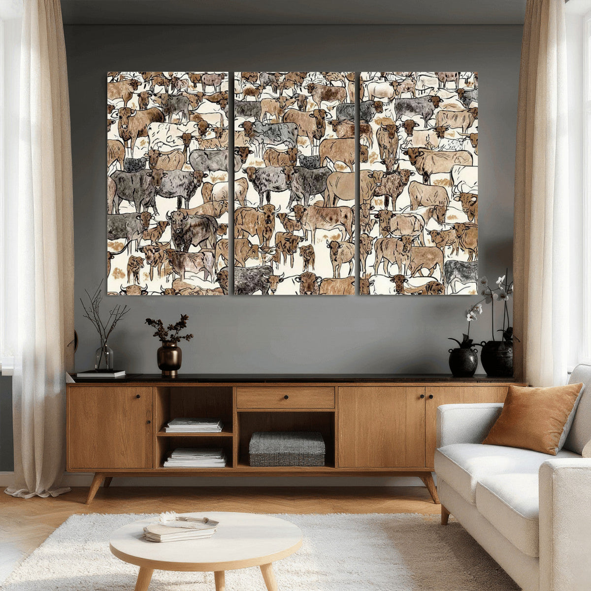 Abstract Longhorn Wall Art Canvas Print - Cow Animal Drawing