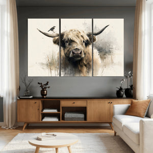 Abstract Highland Cow Wall Art Canvas Print, Rustic Farm
