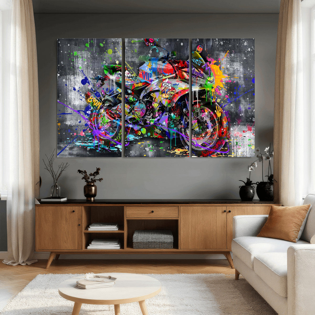 Graffiti Motorcycle Wall Art Canvas Print, Urban Street Art