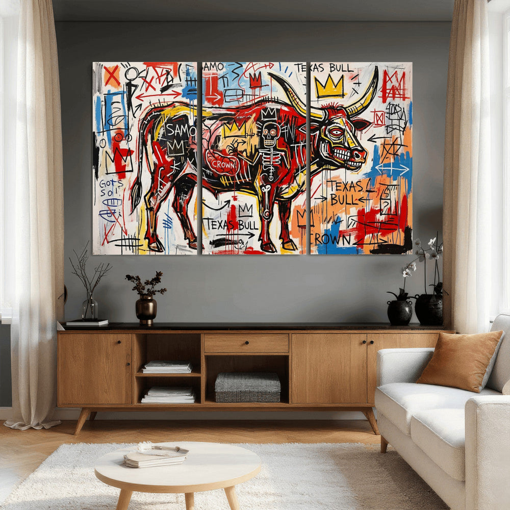 Texas Bull Wall Art Canvas Print, Abstract Graffiti Bull