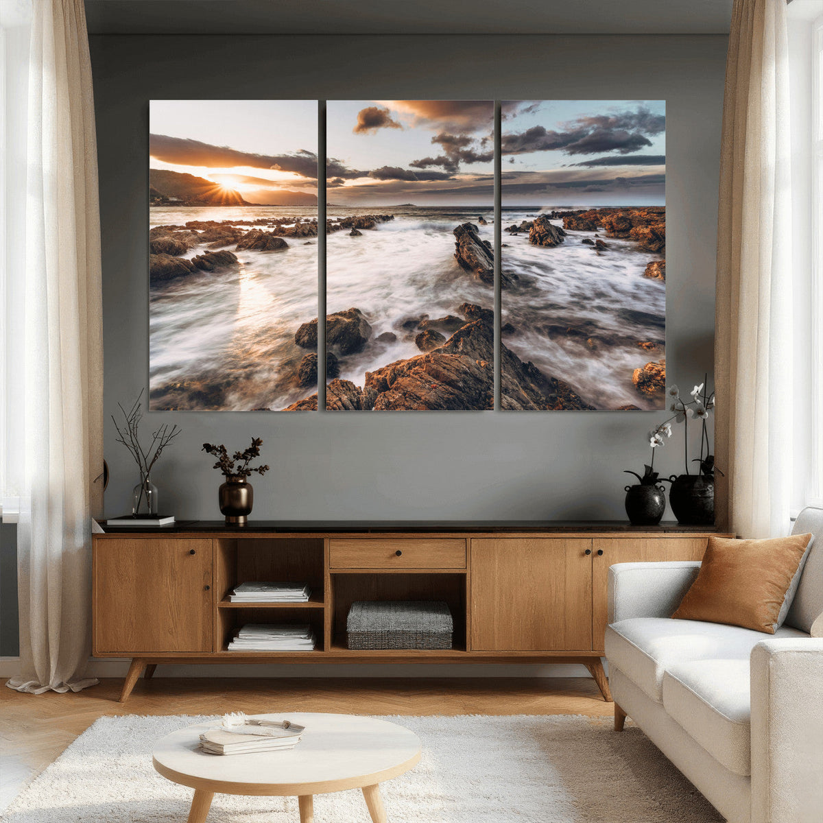 Rocky Coast Ocean Sunset Wall Art Canvas Print, Dramatic
