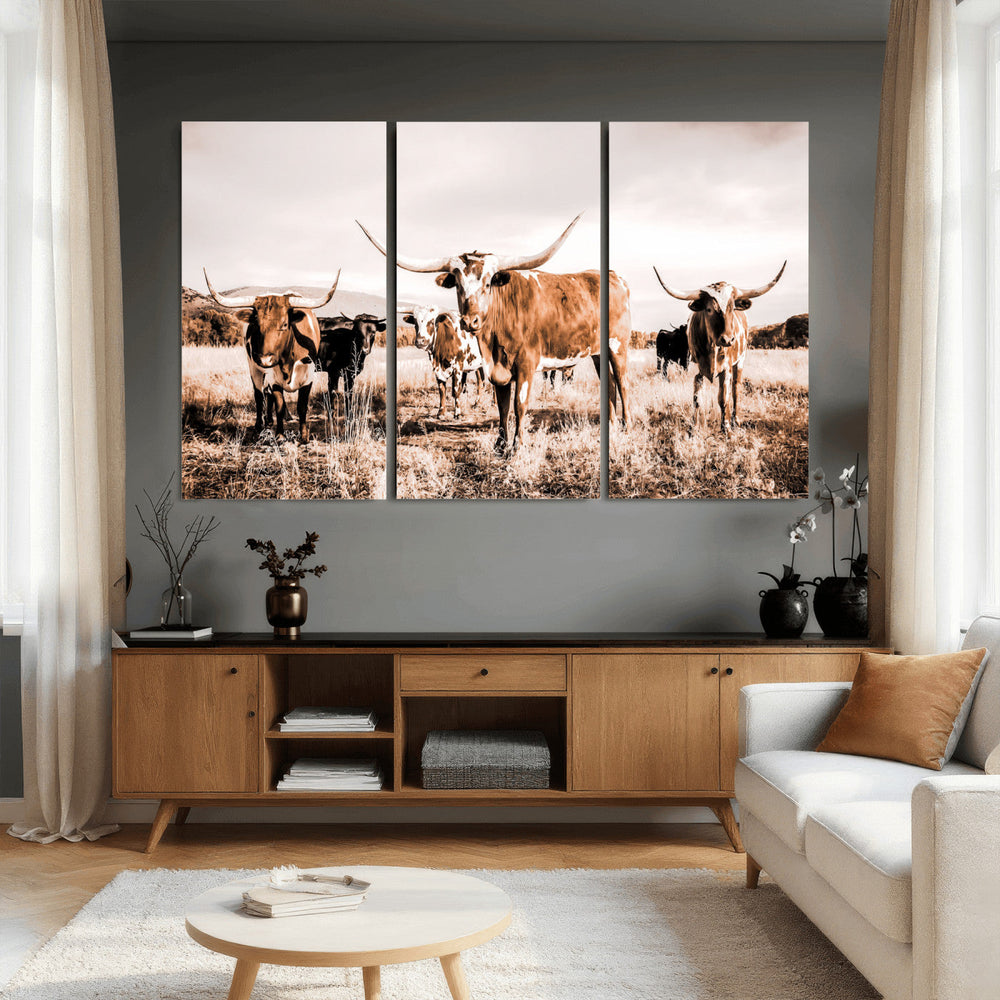 Texas Longhorn Cattle Wall Art Canvas Print, Sepia Western