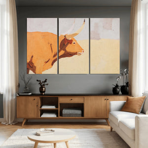 Minimal Longhorn Bull Wall Art Canvas Print, Neutral Western
