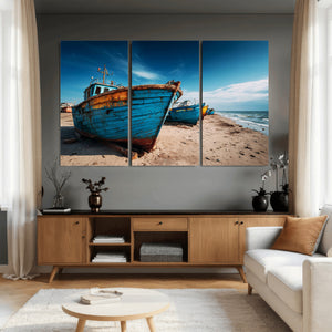 Coastal Fishing Boats Wall Art Canvas Print, Sunset Beach