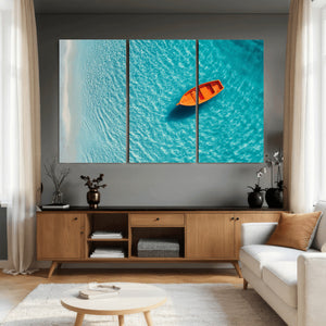 Minimalist Boat Wall Art Canvas Print, Aerial Sea Landscape