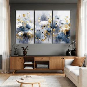 Large Abstract Flowers Wall Art Canvas Print – Gold and Blue