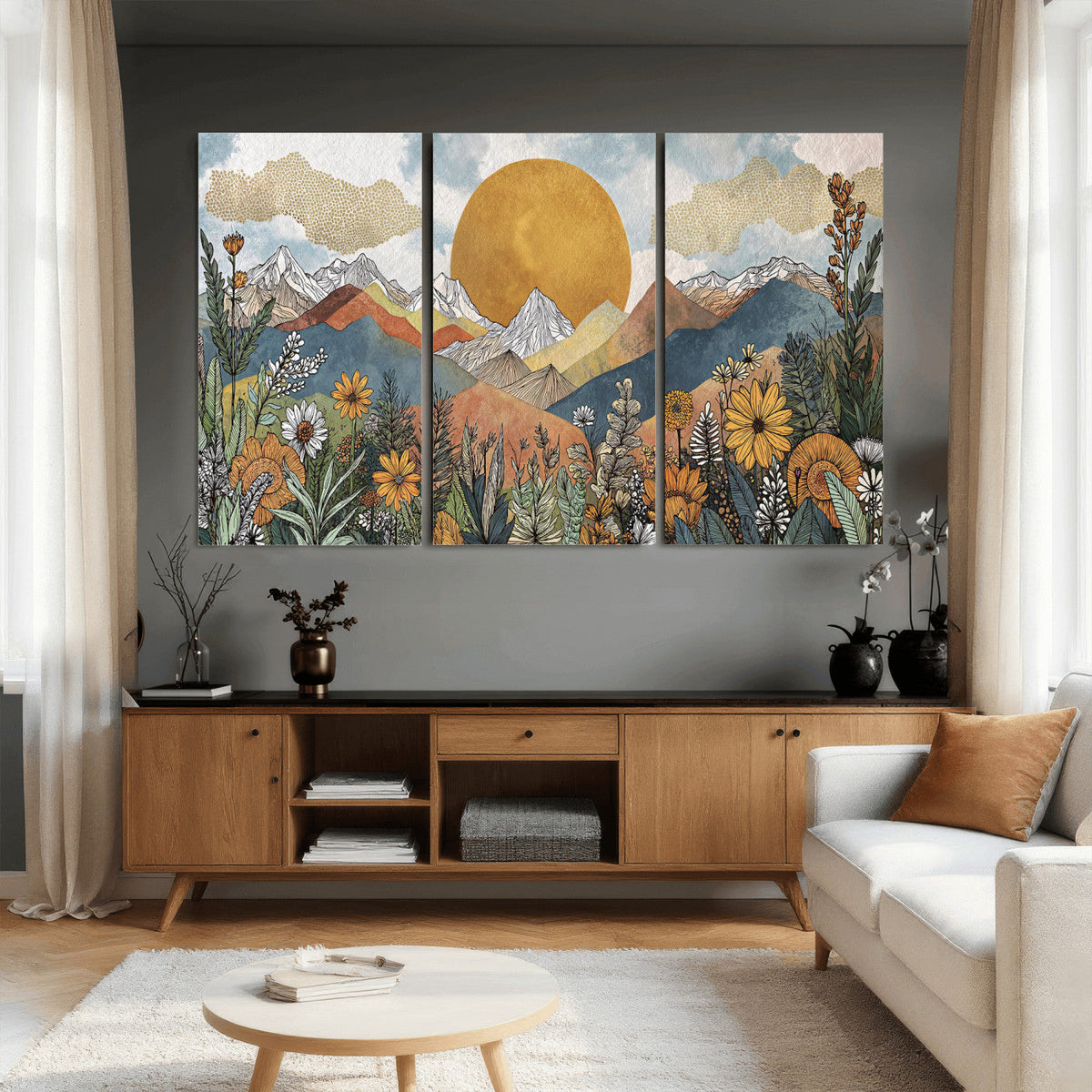 Boho Mountain Landscape Large Wall Art, Horizontal Gold