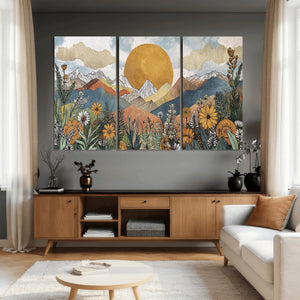 Boho Mountain Landscape Large Wall Art, Horizontal Gold