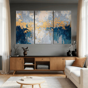 Blue Gold Abstract Large Framed Canvas Wall Art, Modern