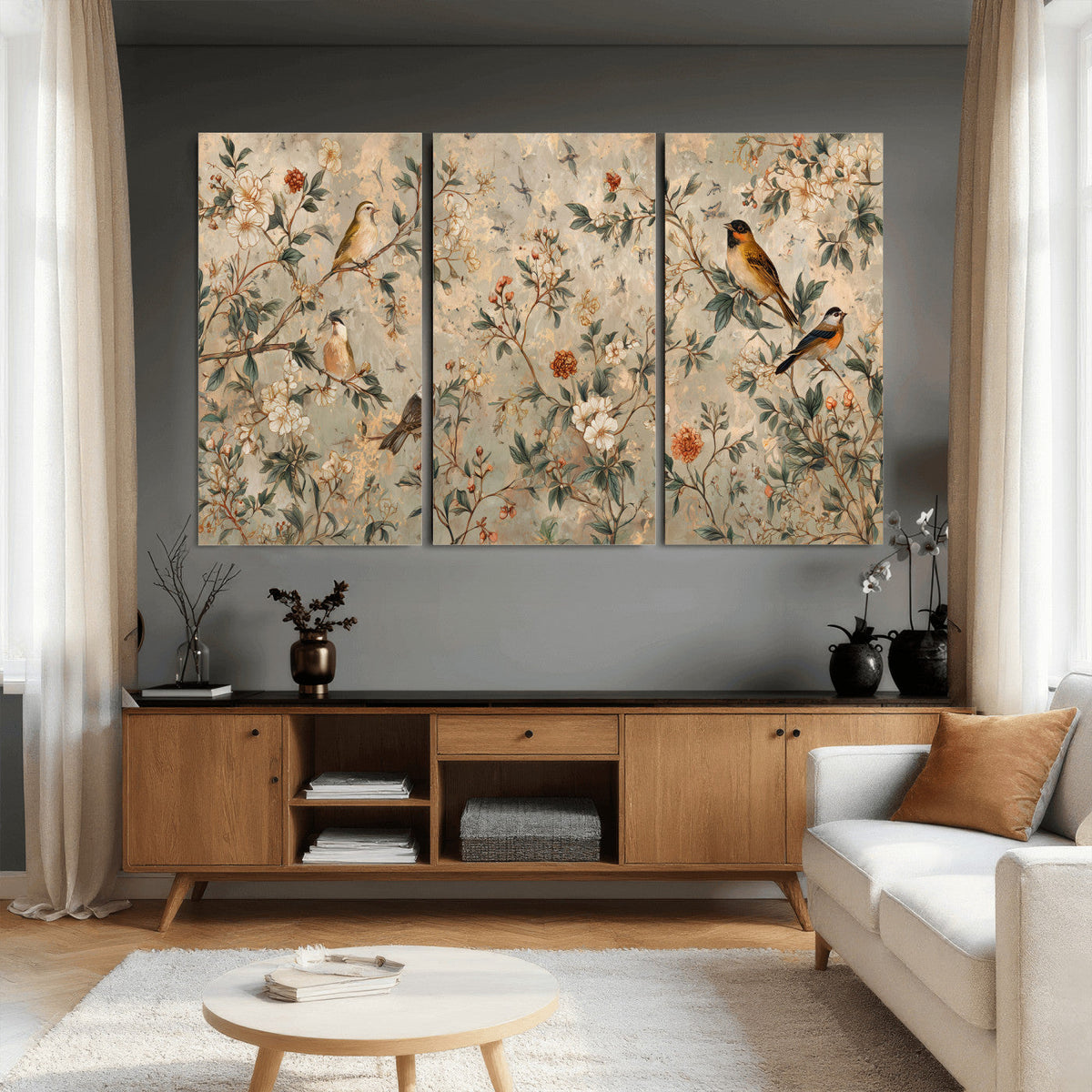 Vintage Birds and Flowers Wall Art Canvas Print, Botanical